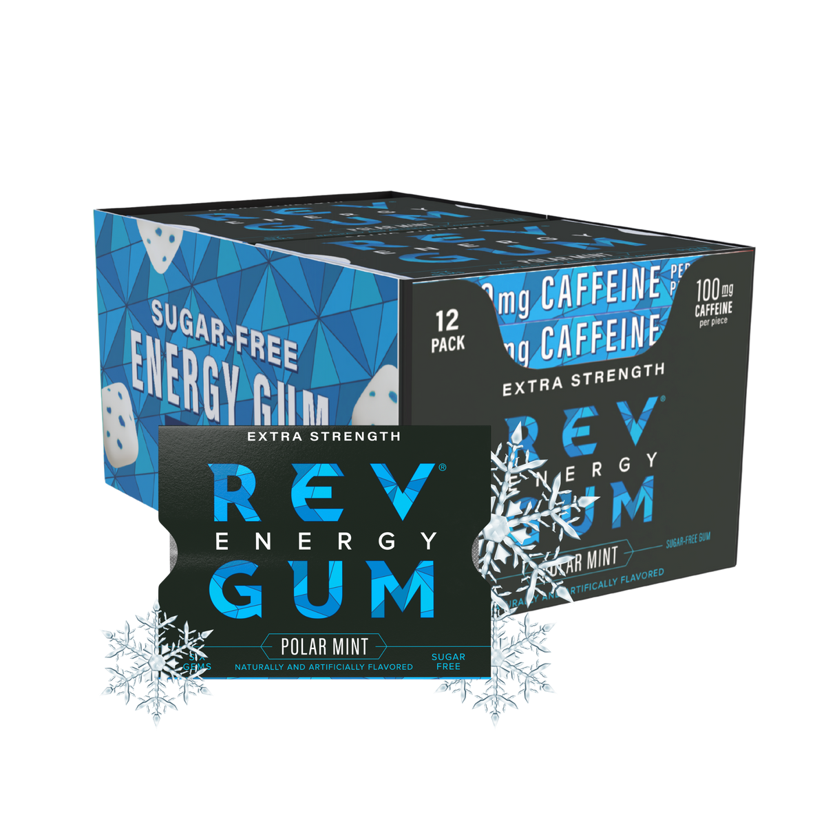 Box of Rev Energy Polar Mint Extra Strength Gum with a single pack in front and snowflakes to either side.