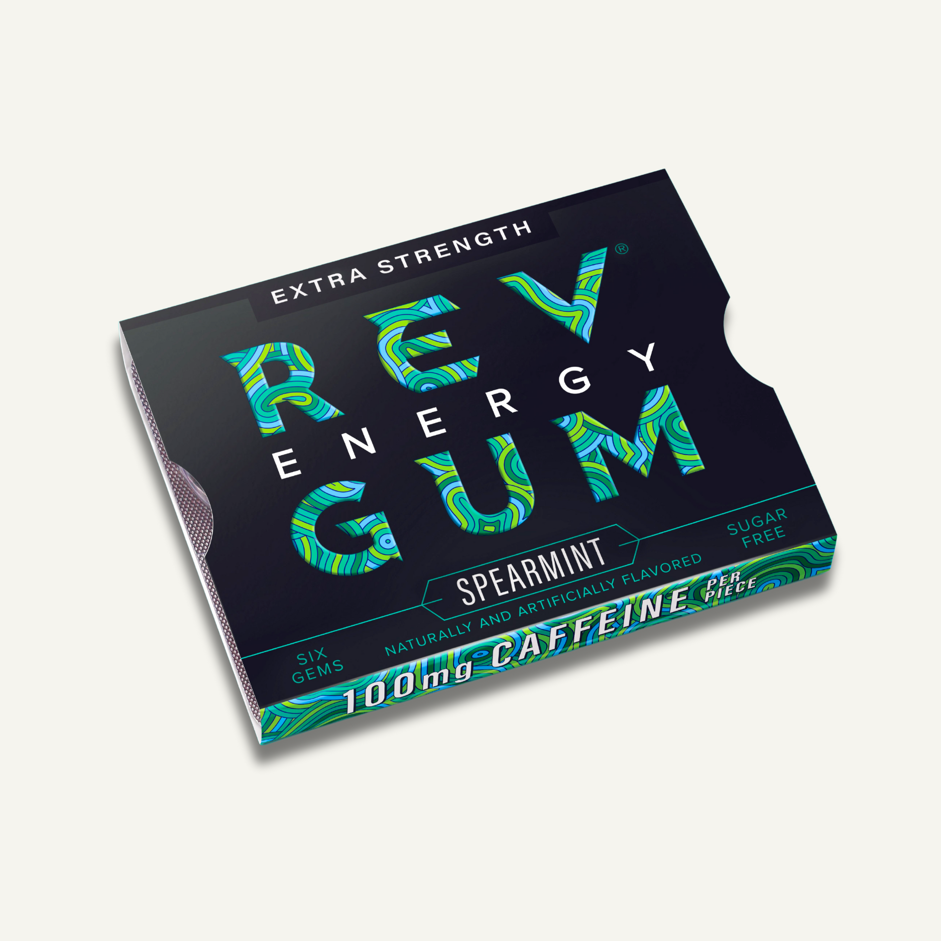 a pack of REV Spearmint Extra Strength Gum with green text. Packaging is predominantly black. white background. 