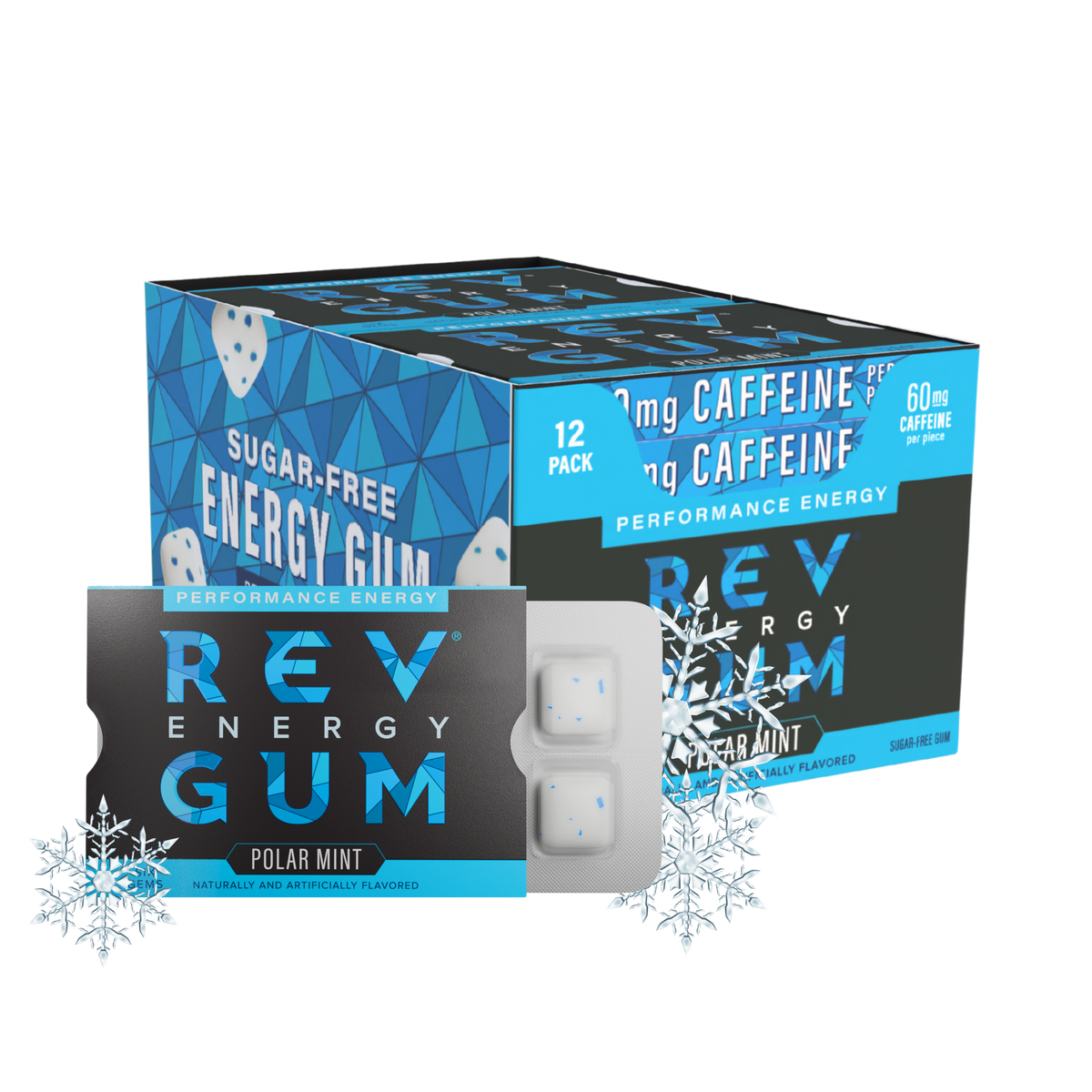 a pack of rev polar mint performance energy with snowflakes on either side in front of a carton of packs. 