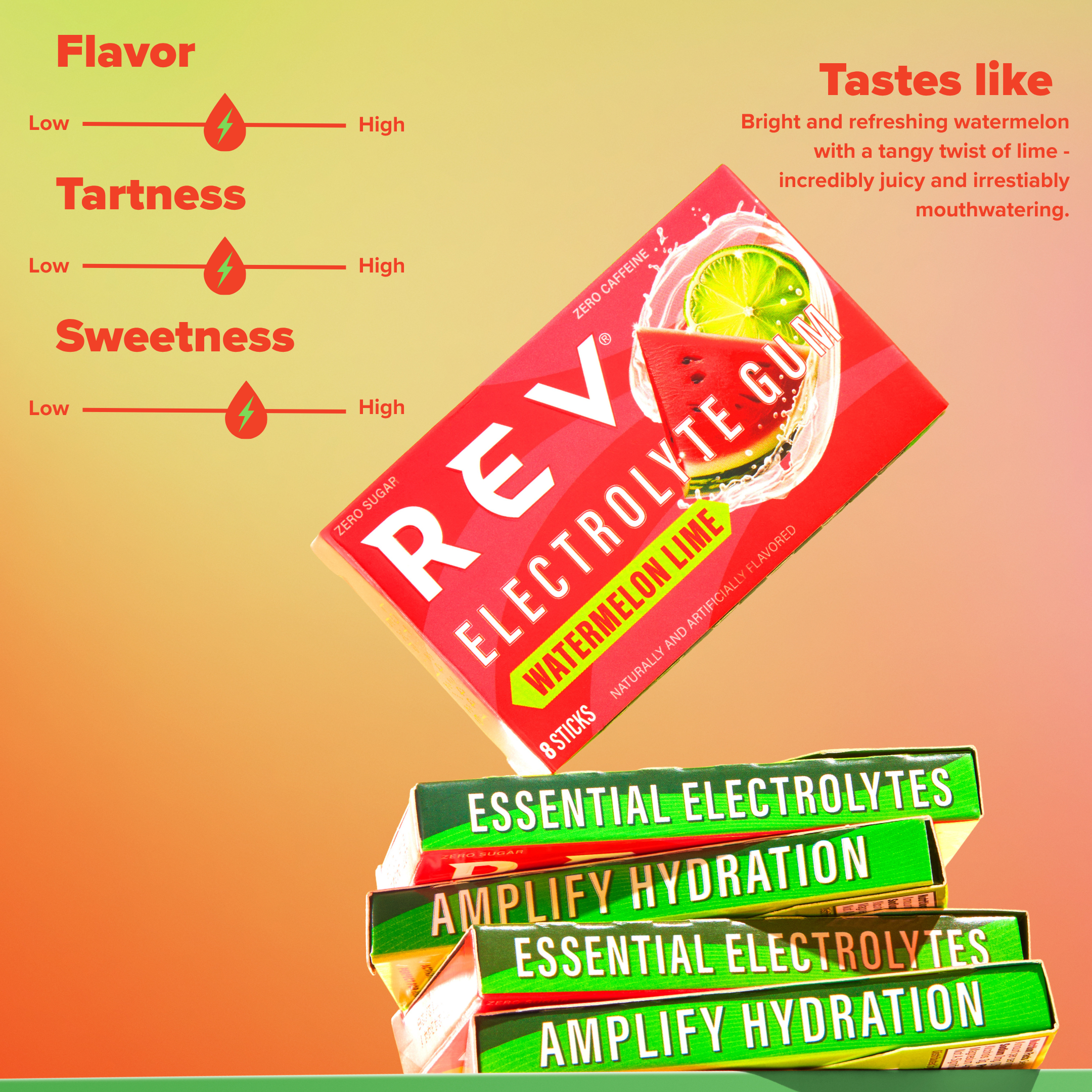 Rev Electrolyte watermelon lime packaging with flavor and taste description on a gradient background
