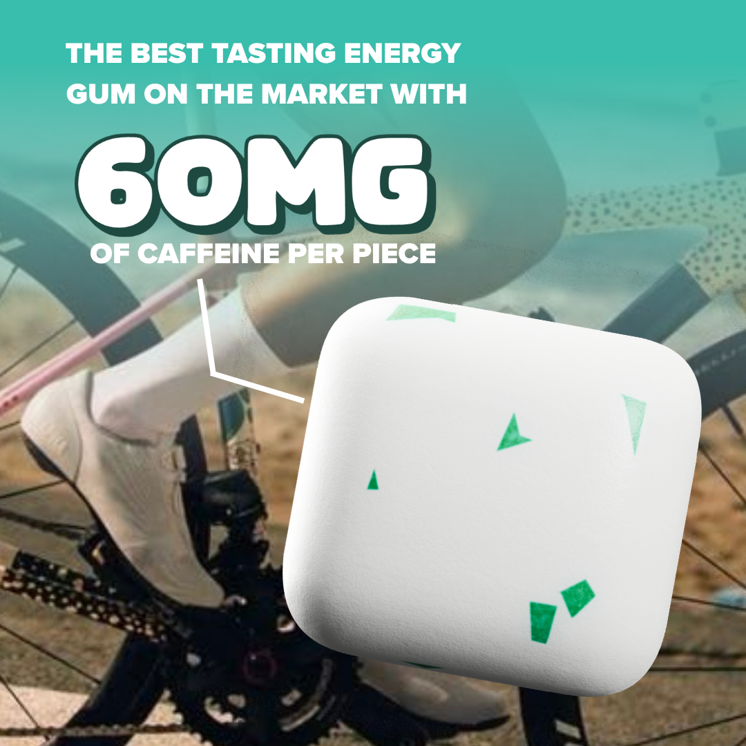 Caffeine gum piece with text 60mg of caffeine per piece on a blurred background