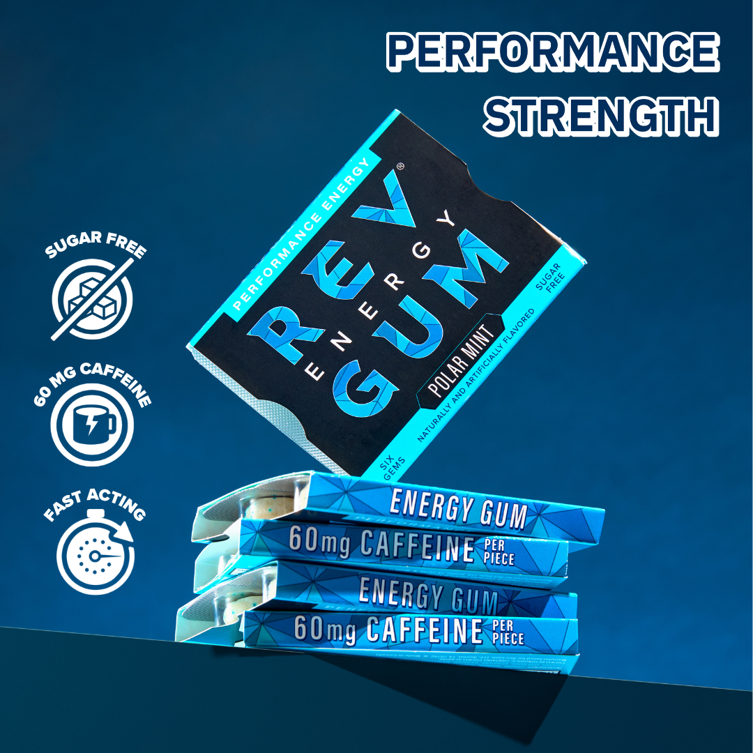 REV Energy Gum packaging with key features on a blue background