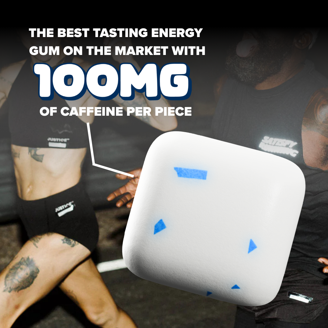 Gum piece with blue accents on a dark background, featuring text about energy gum with 100mg caffeine.