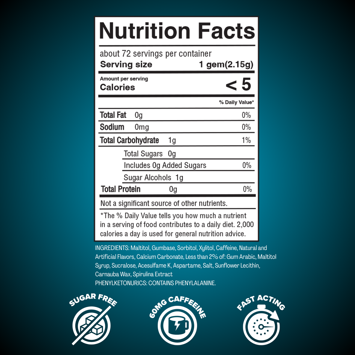 Nutrition facts label for REV Extra Strength Polar Mint with serving size, calories, and additional icons on a blue background