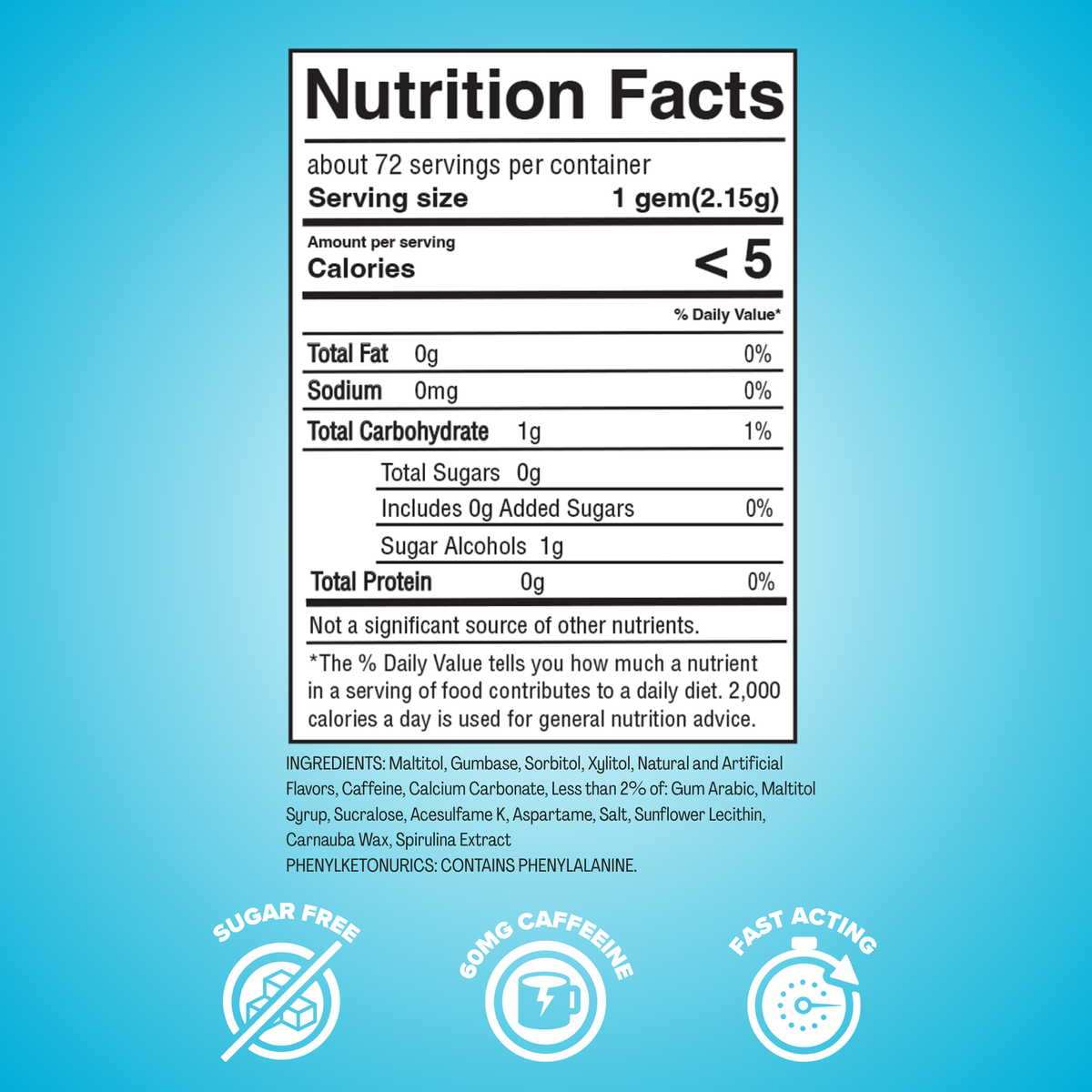 REV Polar Mint Performance energy nutrition label and icons indicating sugar free, 60mg of caffeine and fast acting. 