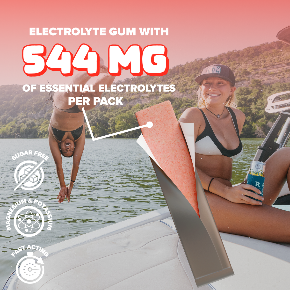 Electrolyte gum stick with a scenic background of a lake and mountains and icons to the left explaining sugar free, magnesium and potassium and is fast acting.